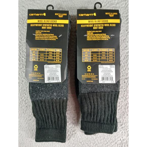 Carhartt Socks 2-PACK Wool Blend Mens XL (12-14.5) Black Boots Synthetic NWT - Picture 2 of 3